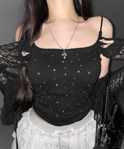ラインストーンスクエアネックスリムキャミソール ／ Rhinestone square neck slim camisole