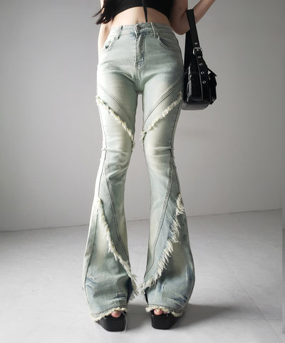 【 ２color ／ ４size 】フリンジデザインヴィンテージライクストレッチフレアデニム ／ fringe design vintage-like stretch flare denim