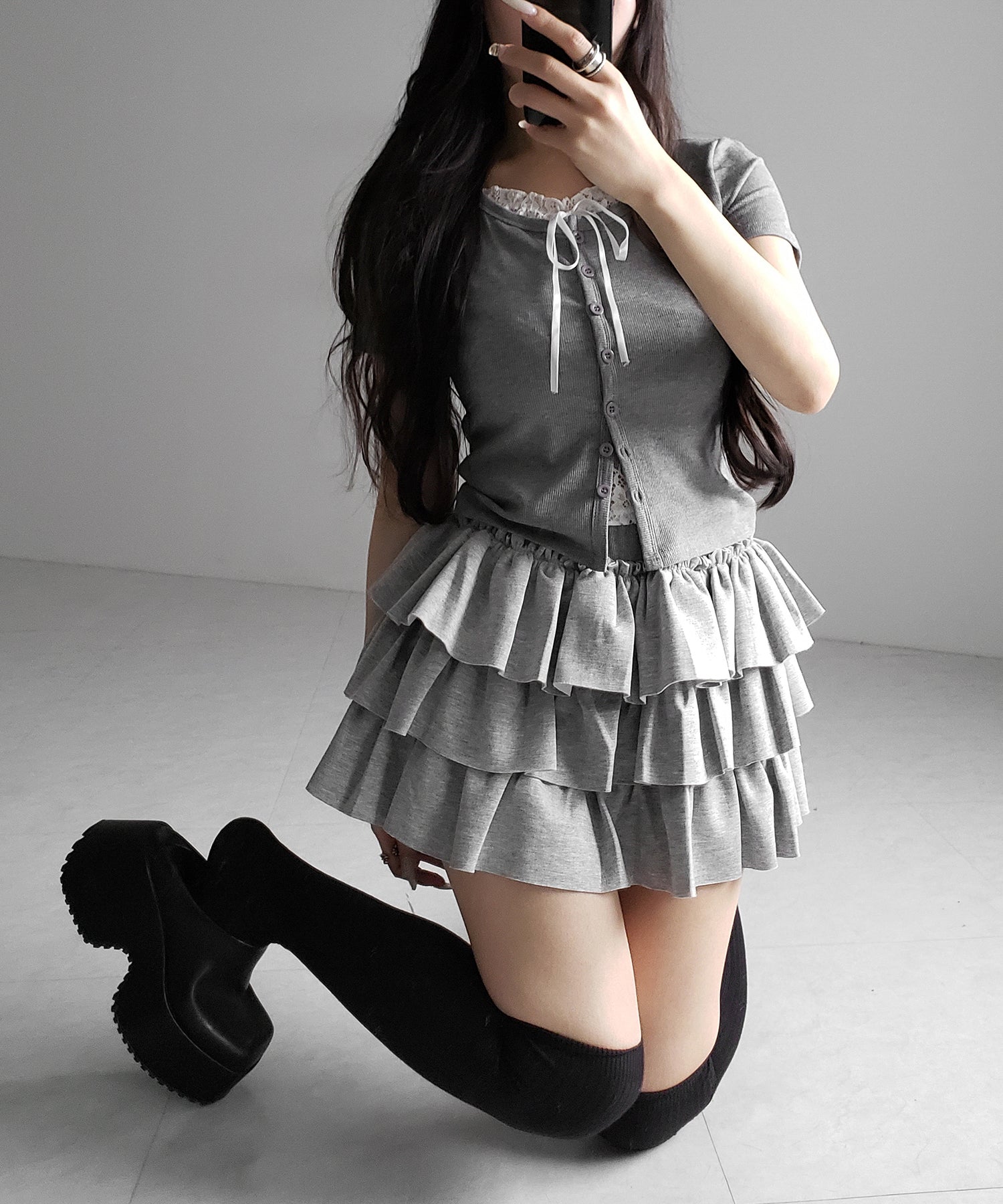 フロントリボンレースレイヤード半袖リブトップス ／front ribbon lace layered short sleeve rib tops