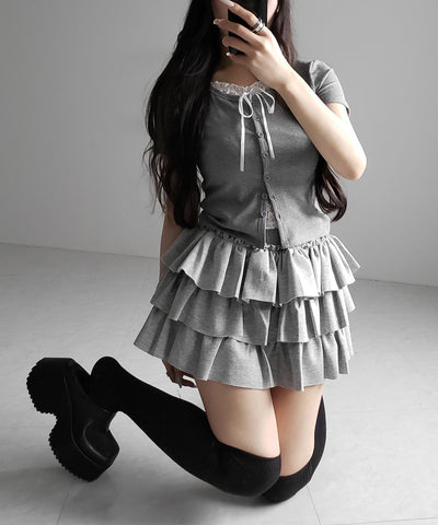 フロントリボンレースレイヤード半袖リブトップス ／front ribbon lace layered short sleeve rib tops