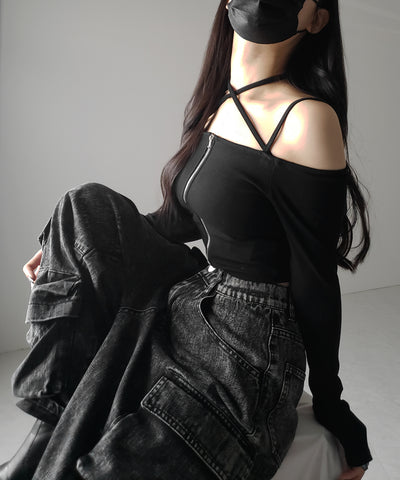 【 ３color ／ カップ付 】フロントジップクロスストラップオフショルトップス ／ front zip cross straps off-shoulder tops