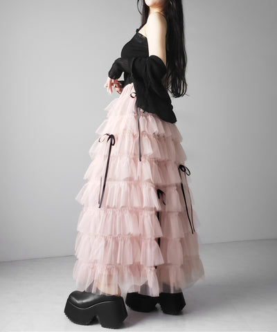 【 新色ピンク追加！／５color 】ストラップリボンバレエコアチュールスカート ／strap ribbon ballet core tulle skirt
