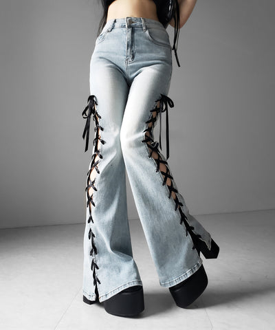 サテンリボンレースアップカットアウトストレッチフレアデニム ／ satin ribbon laceup cutout stretch flare denim