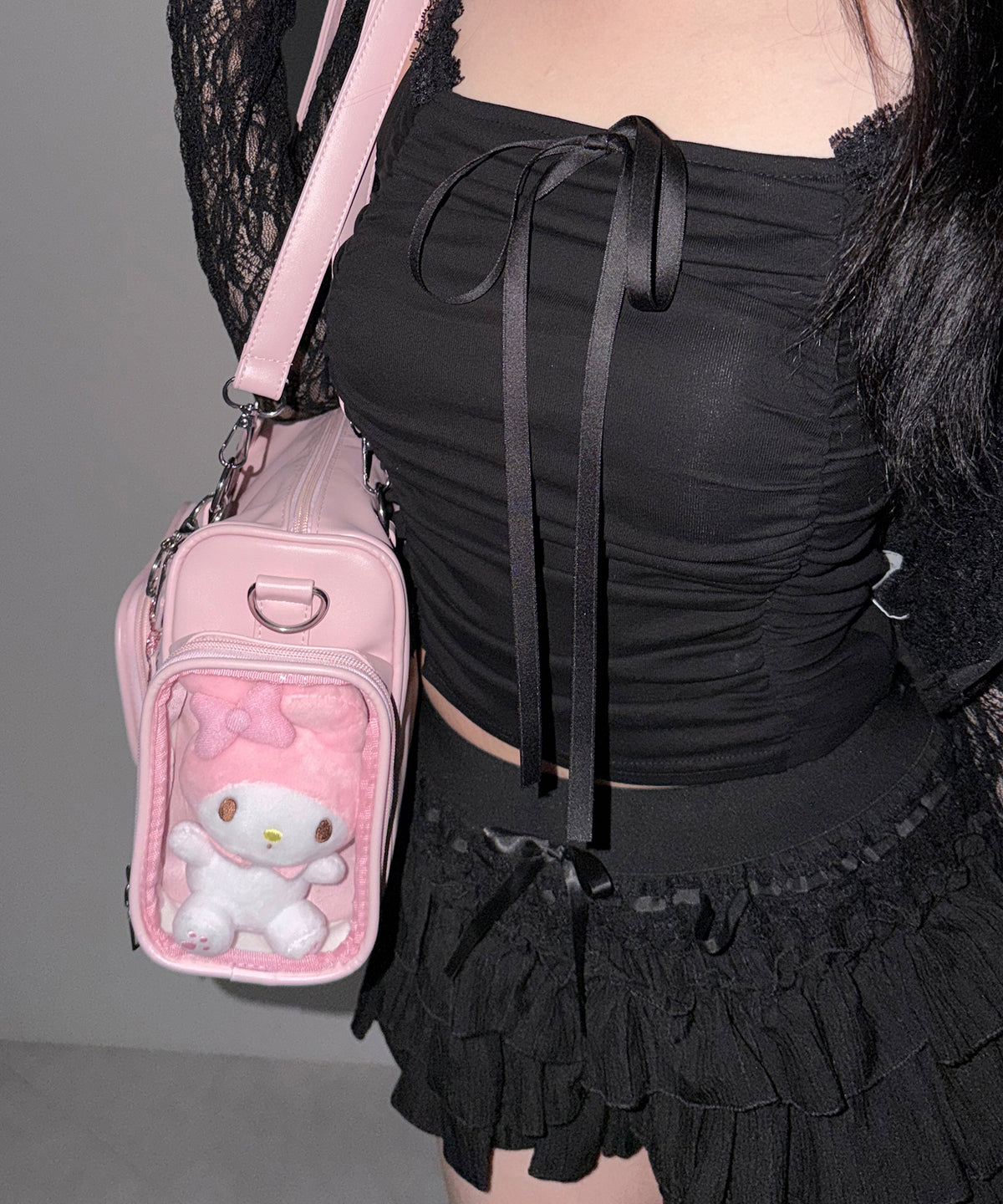 クリアポケット付きレタリング刺繍ショルダーバッグ ／ clear pocket lettering embroidery shoulder bag