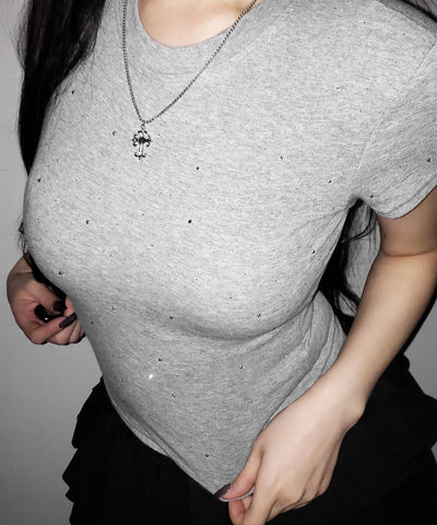 ラインストーン半袖タイトＴシャツ ／ Rhinestone short sleeve tight T-shirt