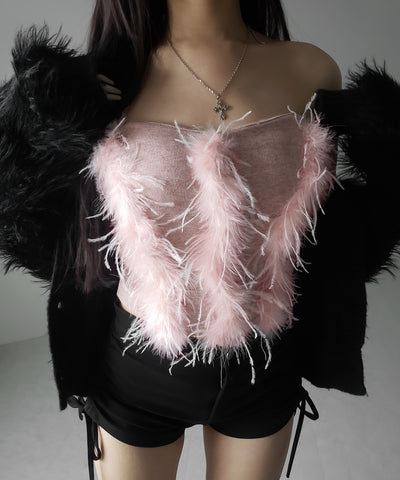 フェザーファードッキングビスチェベアトップ ／ feather fur docking bustier bare tops