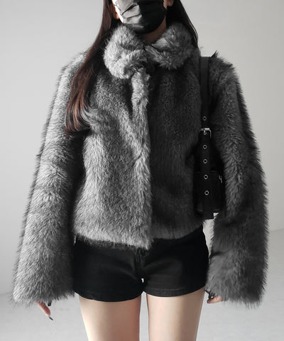 スタンドカラーミックスファーショートコート ／ stand-collar mix fur short coat