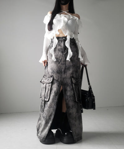 【 ３SIZE 】クラッシュブリーチセンタースリットカーゴデニムスカート ／ crash bleach center slit cargo denim skirt