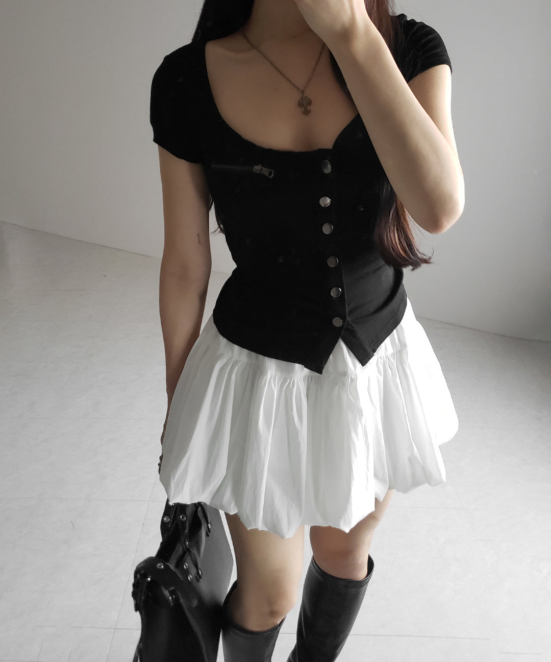 【 ２color ／インパン裏地付き 】ティアードコットンバルーンミニスカート ／ tiered cotton balloon mini skirt
