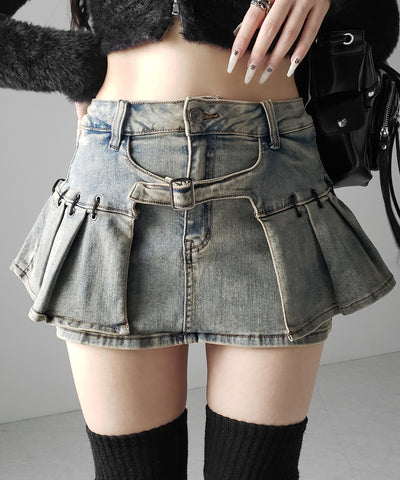 【 インパン裏地付 】ベルテッドマイクロプリーツデニムミニスカパン ／ belted micro pleats denim skirt pants