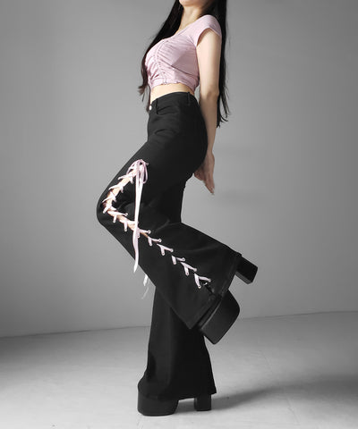 サテンリボンレースアップカットアウトストレッチフレアデニム ／ satin ribbon laceup cutout stretch flare denim