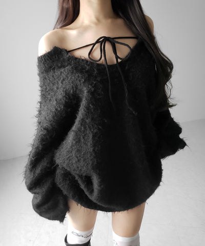 ストラップリボンオフショルオーバーシャギーニット ／ strap ribbon off shoulder over shaggy knit
