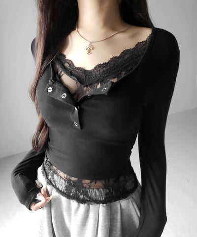 【 人気アイテムの長袖verが新登場！ 】レースレイヤードヘンリーネックスクエア長袖Ｔシャツ ／ lace layered henley neck square long sleeve T-shirt