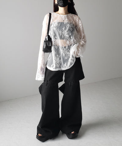 【 ２color 】ビッグシルエットシアーレーストップス ／ big silhouette sheer lace tops