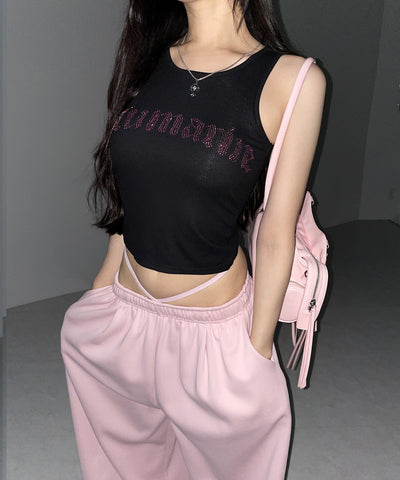 ラインストーンロゴリブタンクトップ／Rhinestone logo ribbed tank top