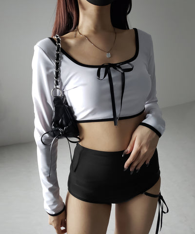 【 レディース水着／２点セット 】フロントリボンモノトーンハイウエストビキニ ／ front ribbon monotone high waist bikini