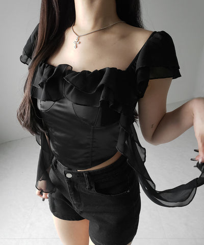 【 ２color ／ ２WAY 】シアーフリルコルセットサテンショートブラウス ／ sheer frill corset satin short blouse