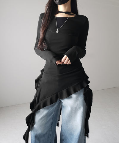 【 ３color 】クロスチョーカーアシンメトリーラッフルフリルトップス ／ cross choker asymmetry ruffle frill tops