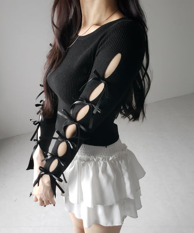 【 ２color 】カットアウトリボンショートリブニット ／ cut out ribbon short rib knit