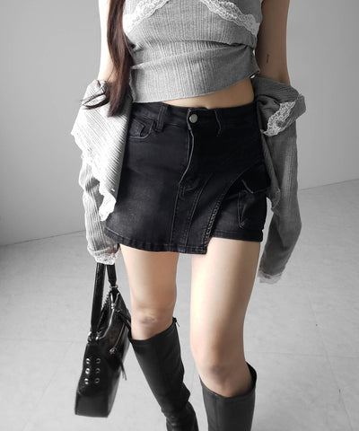 カーゴポケットレイヤードデニムミニスカパン ／ cargo pocket layered denim mini skirt pants