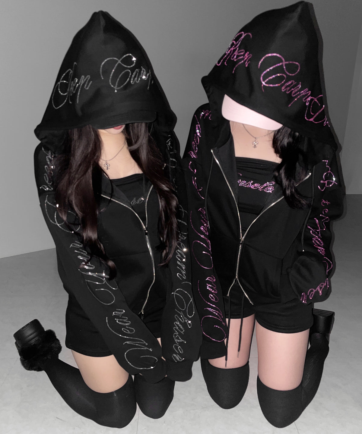 【 セットアップ可能 】ラインストーンロゴダブルジップパーカー ／ Rhine stone logo double zip hoodie