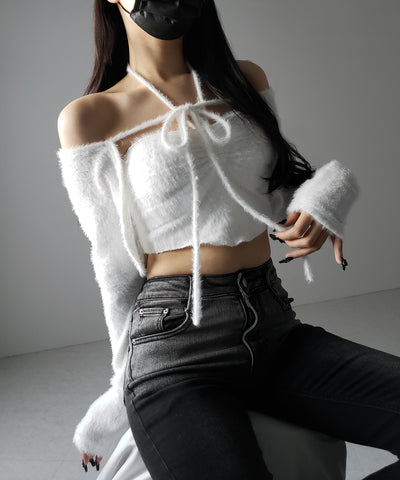 【 ２点セット 】シャギーリボンベアトップス ＆ ショートシャギーカーディガン SET ／ Shaggy ribbon bare tops & short shaggy cardigan