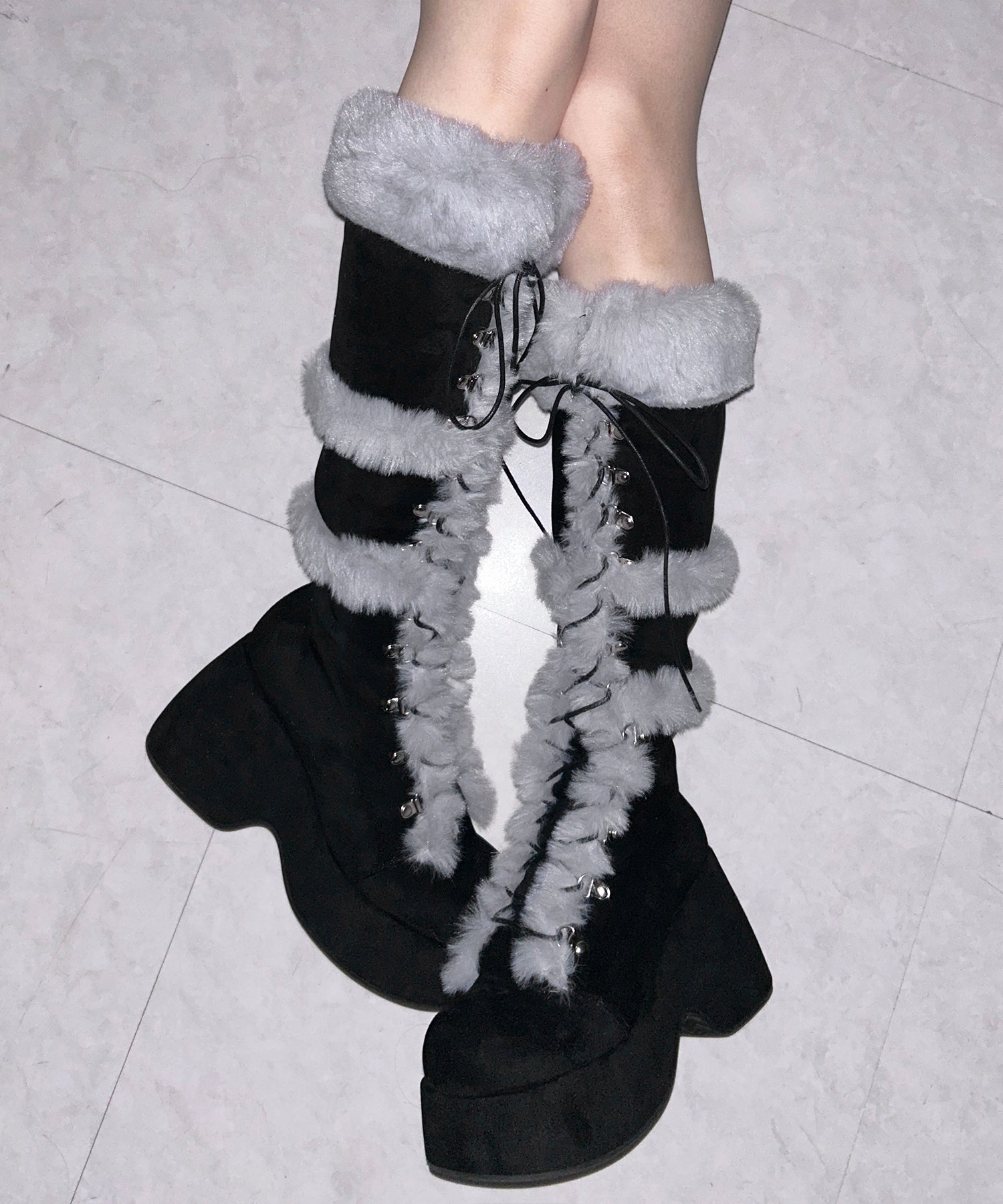 厚底レースアップムートンロングブーツ ／ platform laceup mouton long boots