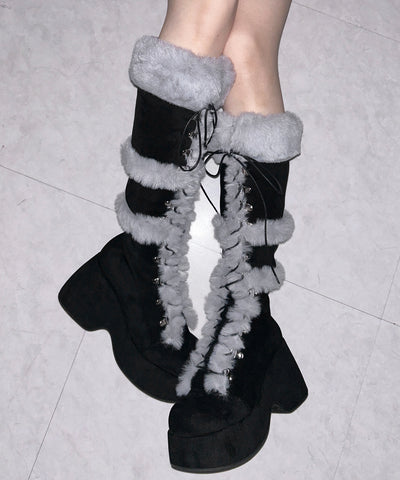 厚底レースアップムートンロングブーツ ／ platform laceup mouton long boots
