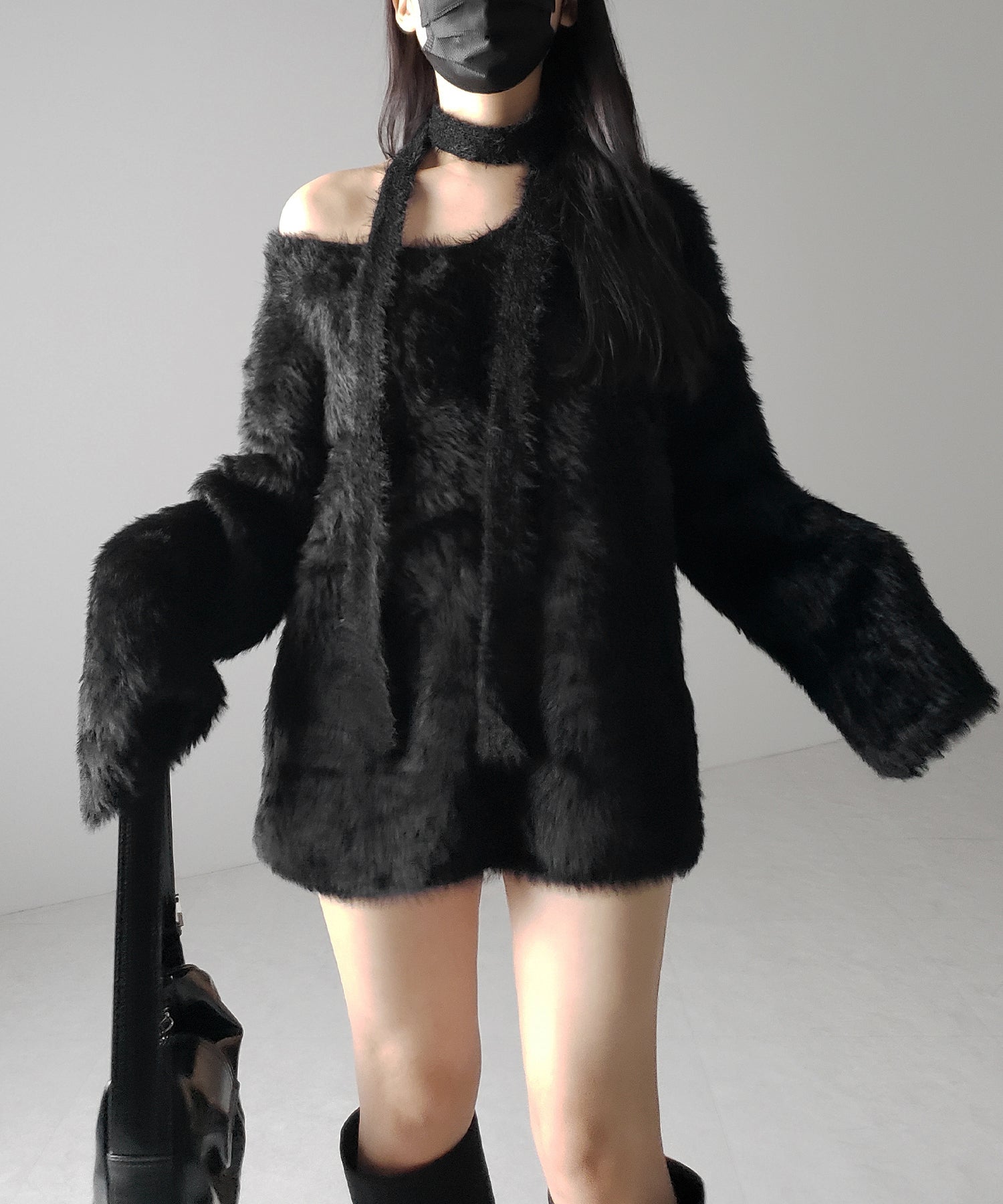 【 ２color 】チョーカータイ付きルーズシャギーニット ／ choker tie set loose shaggy knit