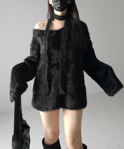 【 ２color 】チョーカータイ付きルーズシャギーニット ／ choker tie set loose shaggy knit