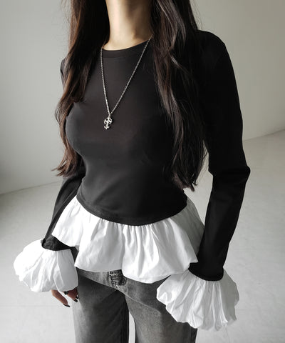 【 ２color 】裾バルーンフリルカットソートップス ／ hem balloon frill cutsew tops