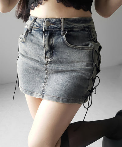 レースアップストレッチデニムミニスカパン ／ lace up stretch denim mini skirt pants