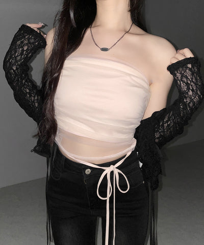 ウエストクロスチュールドッキングベアトップ ／ waist cross tulle docking bare top