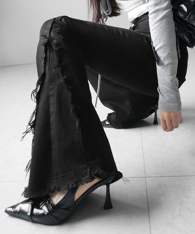 ヴィンテージライクフリンジストレッチフレアデニム ／ Vintage-like fringe stretch flare denim