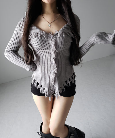 ダメージフリンジリブニットスリムカーディガン ／ damage fringe rib knit slim cardigan