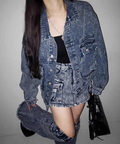 【 デニムセットアップ着用可能 】ヴィンテージケミカルブリーチカーゴデニムミニスカパン ／ vintage chemical bleach cargo denim mini skirt pants