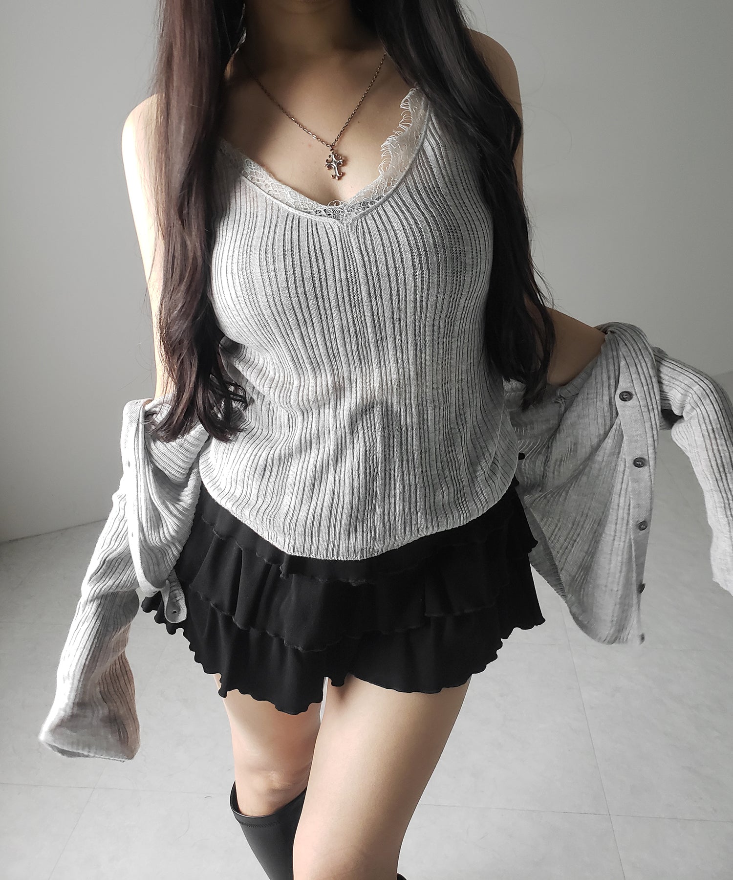 【 ２点セット 】レースニットキャミソール ＋ シアーニットカーディガン SET ／ lace knit camisole + sheer knit cardigan SET