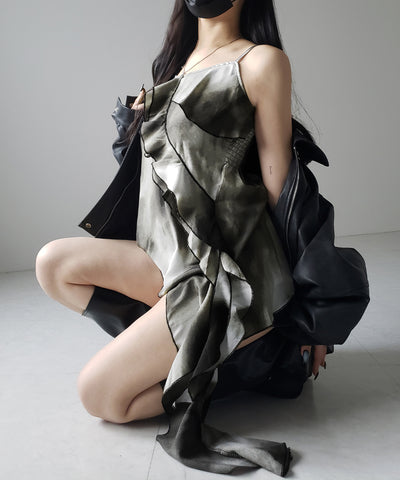 タイダイサテンアシンメトリーフリルキャミソールビスチェ ／ tiedye satin asymmetry frill camisole bustier