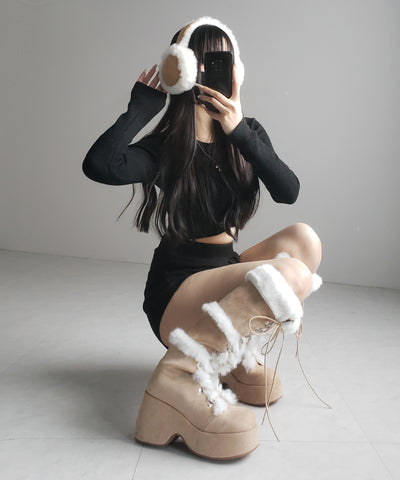 厚底レースアップムートンロングブーツ ／ platform laceup mouton long boots