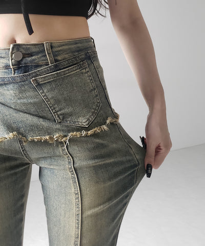 【 ２color ／ ４size 】ストラップリボンヴィンテージストレッチフレアデニム ／ strap ribbon vintage stretch flare denim