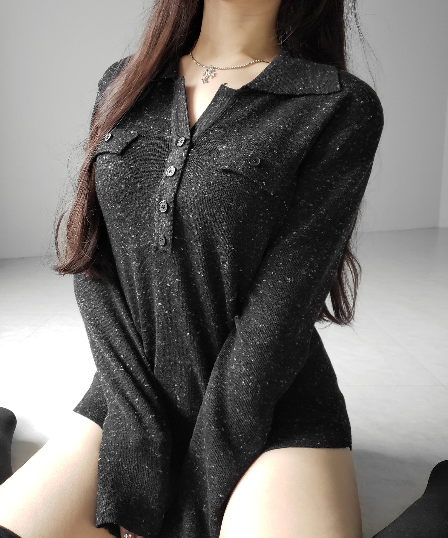 スキッパーボタン長袖ロングニットトップス ／ skipper button long sleeve long sheer knit tops