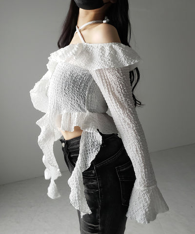 【 ２color 】クロスストラップリボンオフショルダーフリルブラウス ／ cross strap ribbon off shoulder frill blouse