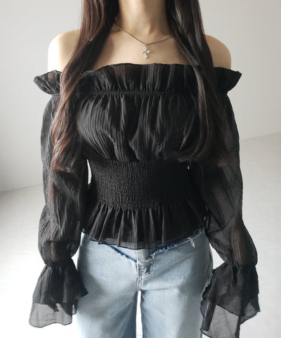 【 ２color ／ ２WAY 】ウエストシャーリングシアーフリルオフショルブラウス ／ waist shirring sheer frill off shoulder blouse