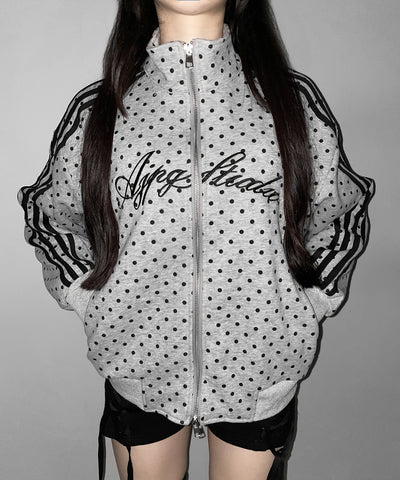 レタリングロゴ刺繍ドットラインオーバースウェットブルゾン ／ lettering logo embroidery dot line over sweat blouson