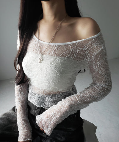 【 ２color ／２WAY 】ワンショルルーズシアーレーストップス ／ one shoulder loose sheer lace tops