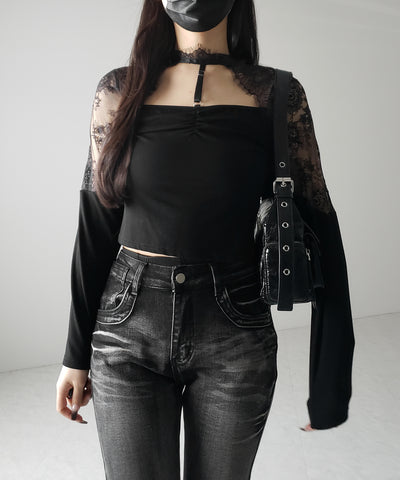 【 １color 】Y‐ストラップチョーカーレースドッキングトップス ／ Y-strap choker lace docking tops