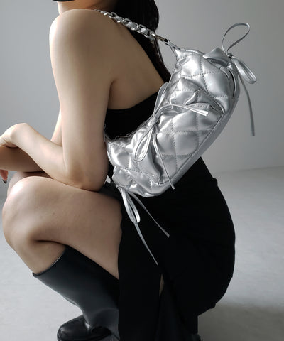 【 ３color ／２WAY 】ストラップリボンキルティングチェーンショルダーバッグ ／ strap ribbon quilted chain shoulder bag