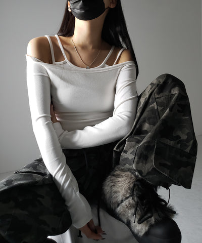 【 ２color 】レイヤードダブルストラップオフショルトップス ／ layerd double strap off shoulder tops