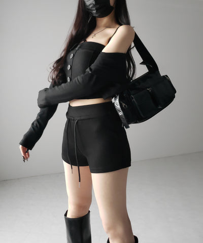 【 2点セット 】フロントボタンベアトップ ＋ クロップドカットソーカーディガン SET ／ front button bare top + cropped cutsaw cardigan SET