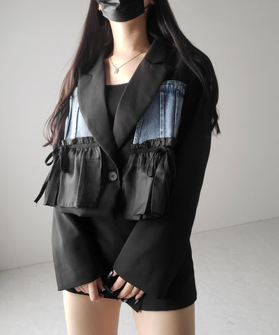 デニムフリルドッキングショートテーラードジャケット ／denim frill docking short tailored jacket